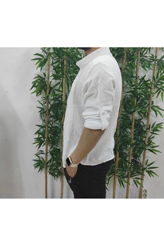 Erkek Uzun Kollu Hakim Yaka Düğmeli Erkek Müslim Gömlek