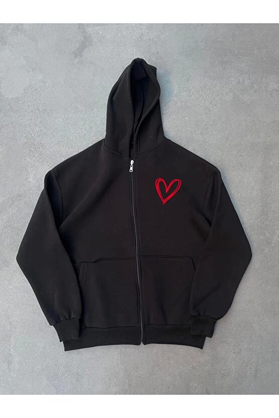 Üç İplik Baskılı Fermuarlı Kapüşonlu Hırka - Siyah