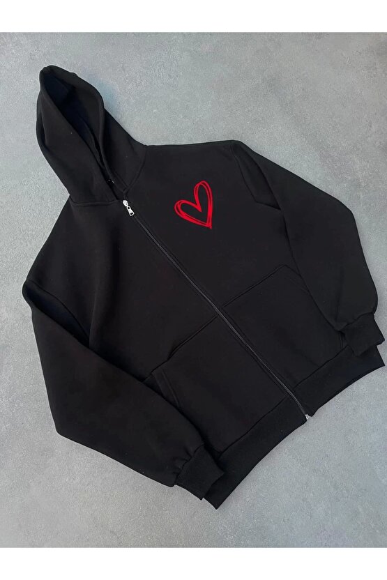 Üç İplik Baskılı Fermuarlı Kapüşonlu Hırka - Siyah