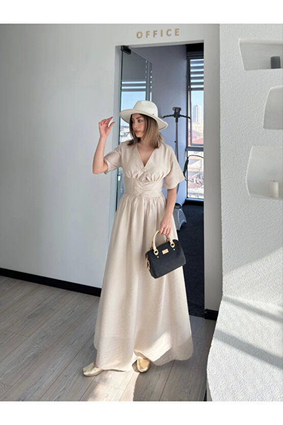 Kısa Kollu Uzun Elbise - Kırık Beyaz