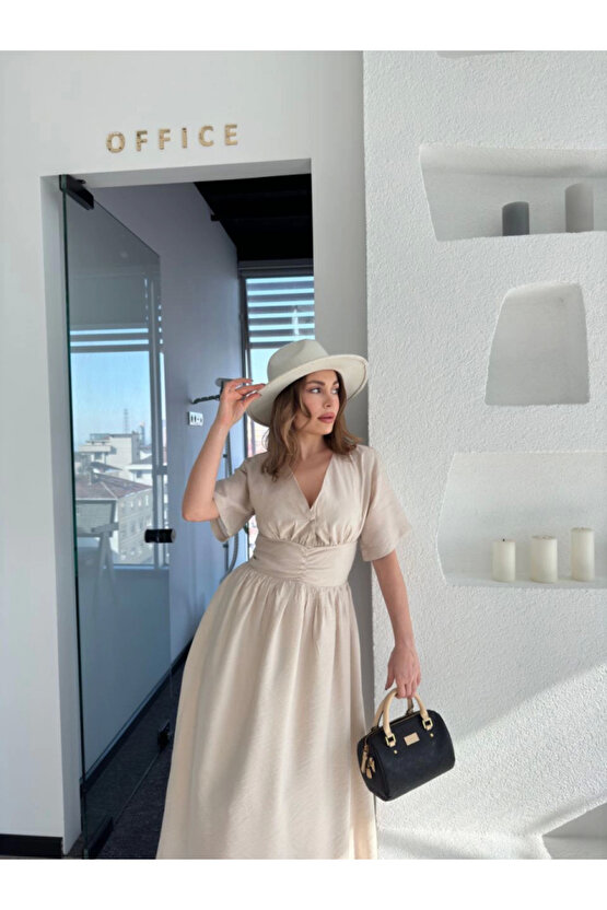 Kısa Kollu Uzun Elbise - Kırık Beyaz