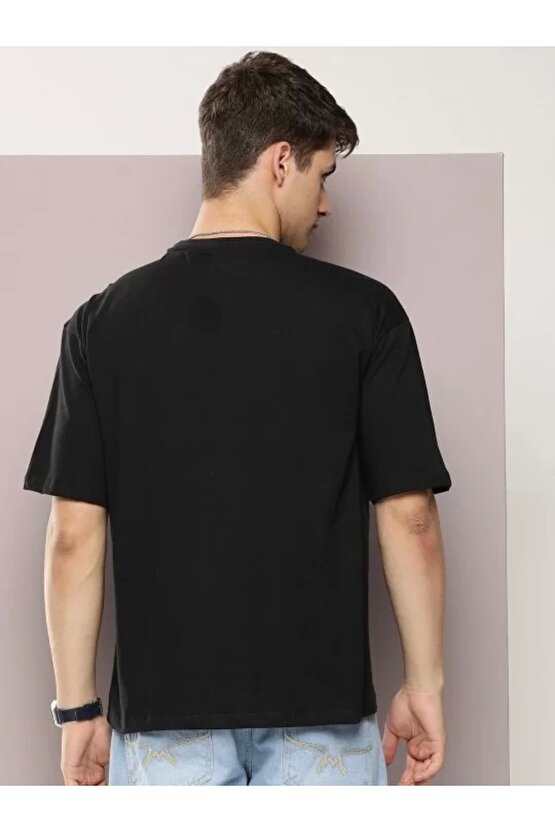 Erkek Baskılı Oversize T-shirt - Siyah