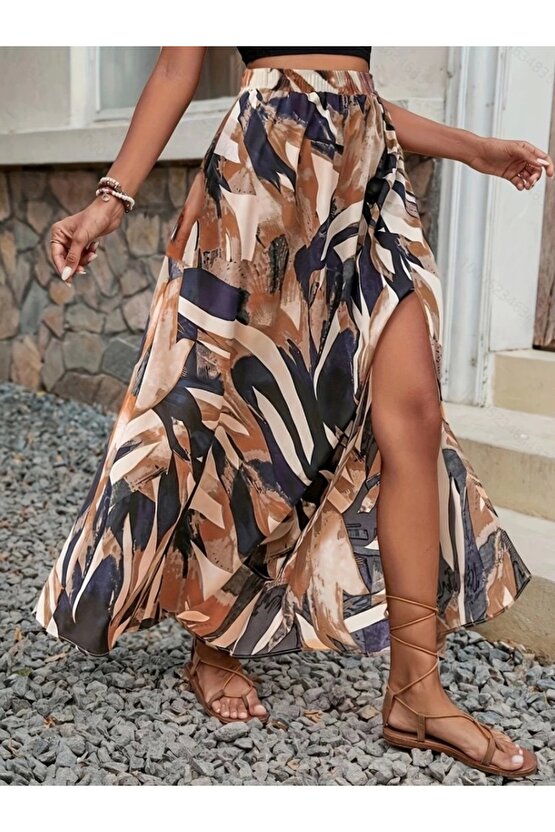 Kadın Beli Büzgülü Yandan Yırtmaçlı Desenli Süprem Etek