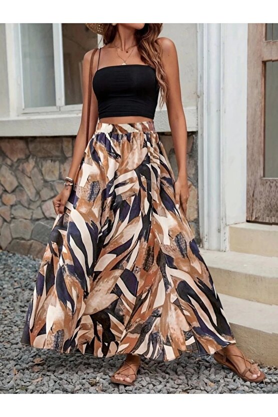 Kadın Beli Büzgülü Yandan Yırtmaçlı Desenli Süprem Etek