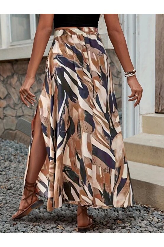Kadın Beli Büzgülü Yandan Yırtmaçlı Desenli Süprem Etek
