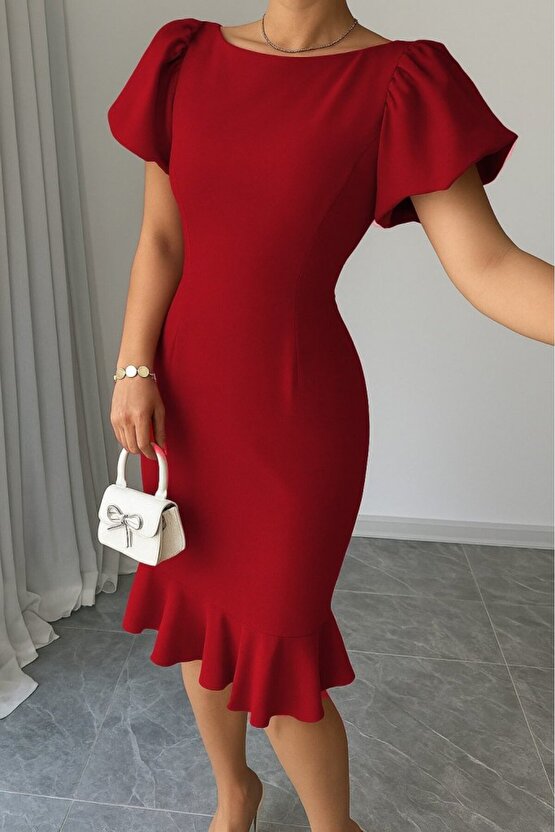 EQURİ Kadın Kısa Kollu Yuvarlak Yaka Pileli Janjan Krep Elbise