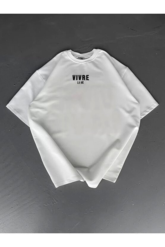Baskılı Oversize Bisiklet Yaka T-shirt - Beyaz