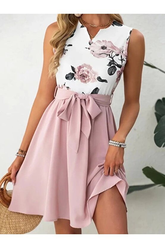 Kadın Sıfır Kollu V Yakalı çiçek Baskılı Beli Kuşaklı Dalgıç Elbise