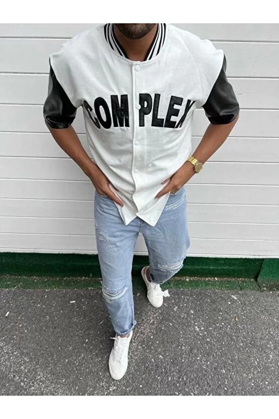 Erkek Complex Kolları Deri Kolej Oversize T-Shirt - Beyaz
