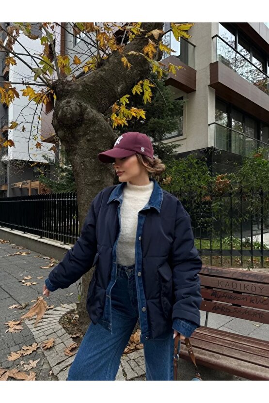 Jeans Detaylı Cıtcıtlı Ceket Mont - Lacivert