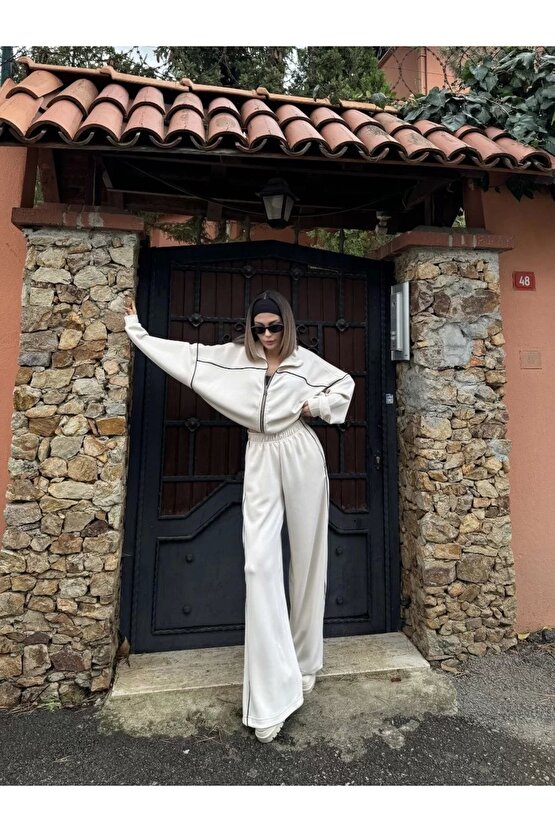 Fermuarlı Eşofman Pantolon İkili Takım - Beyaz