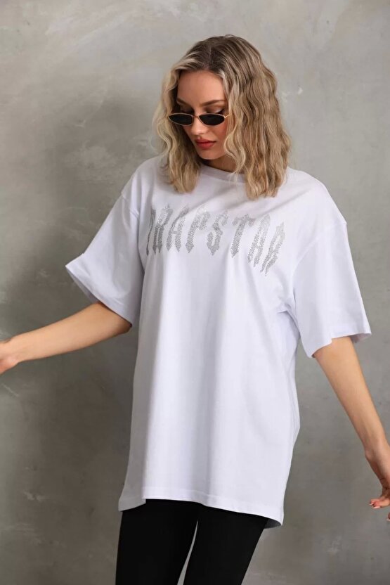 Unisex Taş Desenli Oversize T-Shirt - Beyaz
