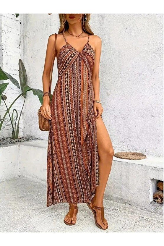 Kadın Ip Askılı Sırttan çapraz Detaylı Yırtmaçlı Desenli Süprem Elbise