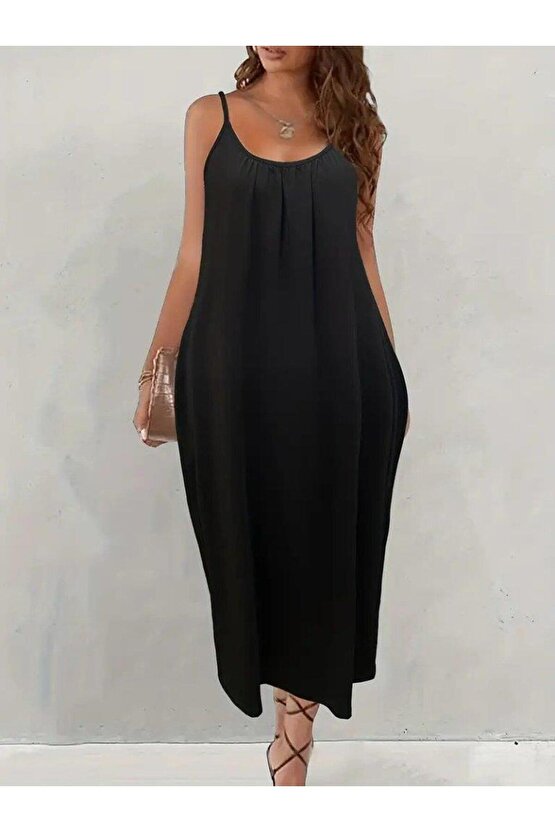 Kadın Ip Askılı Geniş V Yakalı Viskon Elbise