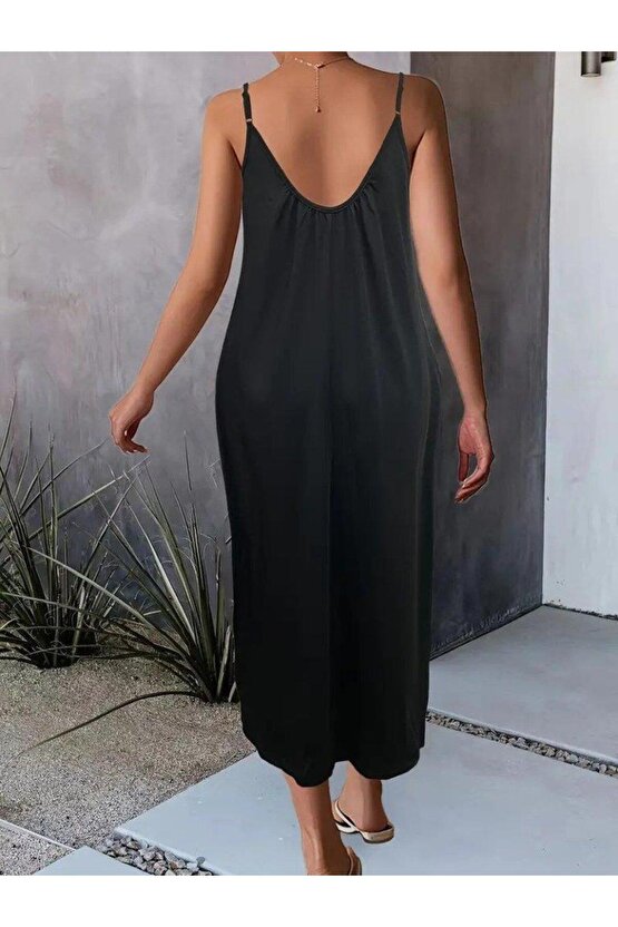 Kadın Ip Askılı Geniş V Yakalı Viskon Elbise