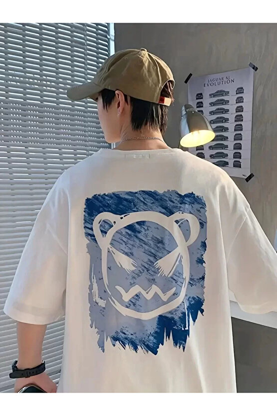 201 Penye Compack Bisiklet Yaka Kore tarzı sevimli ayı baskı Kısa Kol Erkek t-shirt - Beyaz