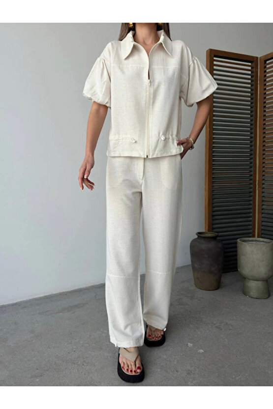Keten Tam Fermuarlı Kısa Kollu Gömlek Pantolon Ikili Takım - Beyaz