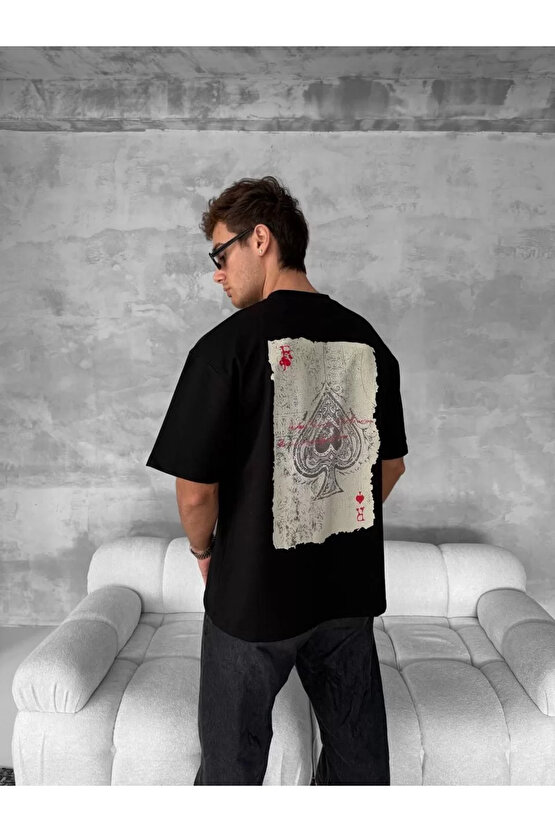 Ön ve Arka Baskılı Oversize Bisiklet Yaka T-shirt - Siyah