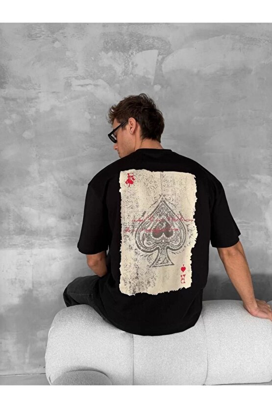 Ön ve Arka Baskılı Oversize Bisiklet Yaka T-shirt - Siyah