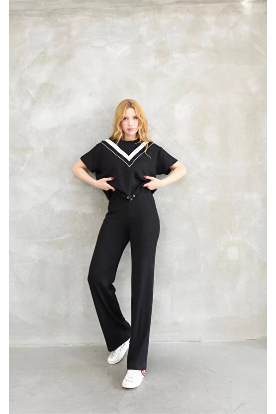 Osy Modal Yumuşak dokulu Kumaş Bisiklet Yaka Parçalı detaylı Kısa Kollu Takım - Siyah