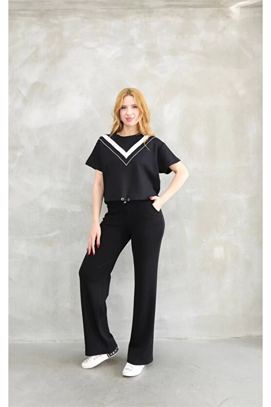 Osy Modal Yumuşak dokulu Kumaş Bisiklet Yaka Parçalı detaylı Kısa Kollu Takım - Siyah