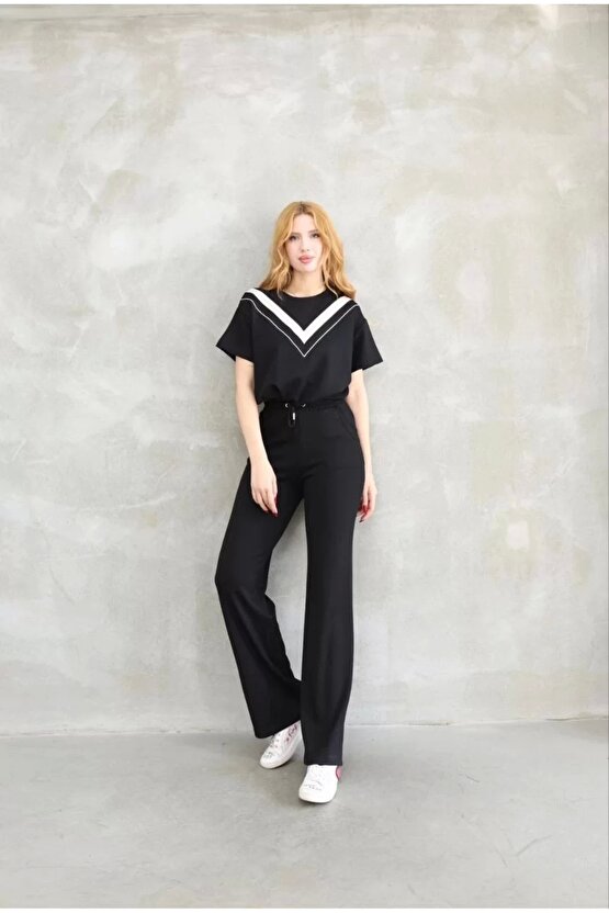 Osy Modal Yumuşak dokulu Kumaş Bisiklet Yaka Parçalı detaylı Kısa Kollu Takım - Siyah