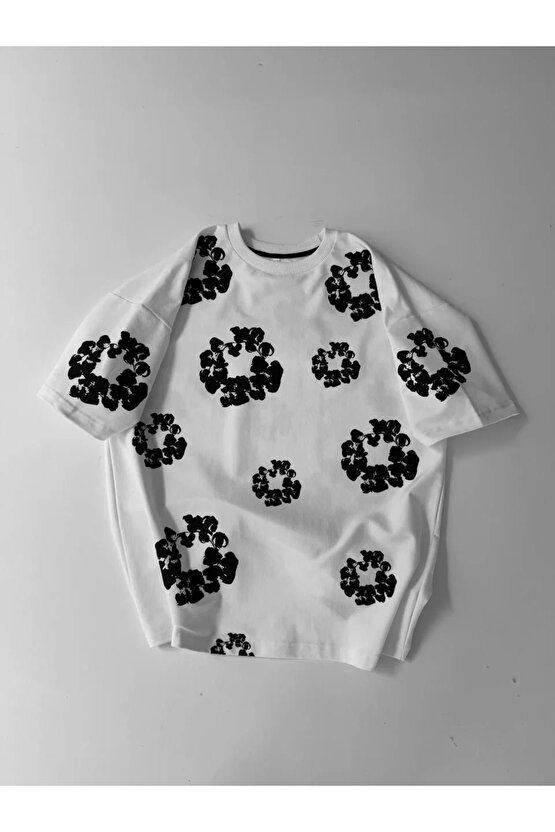 Ön ve Arka Baskılı Oversize Bisiklet Yaka T-shirt- Beyaz