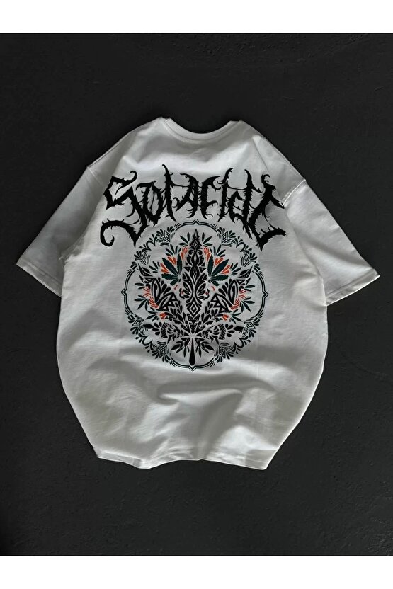 Unisex Bisiklet Yaka Baskılı Oversize T-Shirt - Beyaz