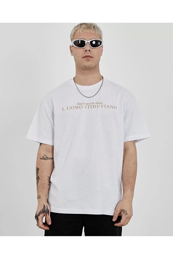 Unisex Bisiklet Yaka Baskılı Oversize T-Shirt - Beyaz