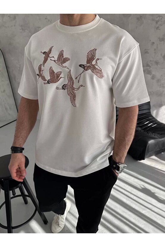 Unisex Nakış İşlemeli T-Shirt - Beyaz