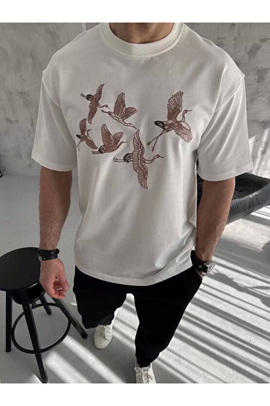 Unisex Nakış İşlemeli T-Shirt - Beyaz