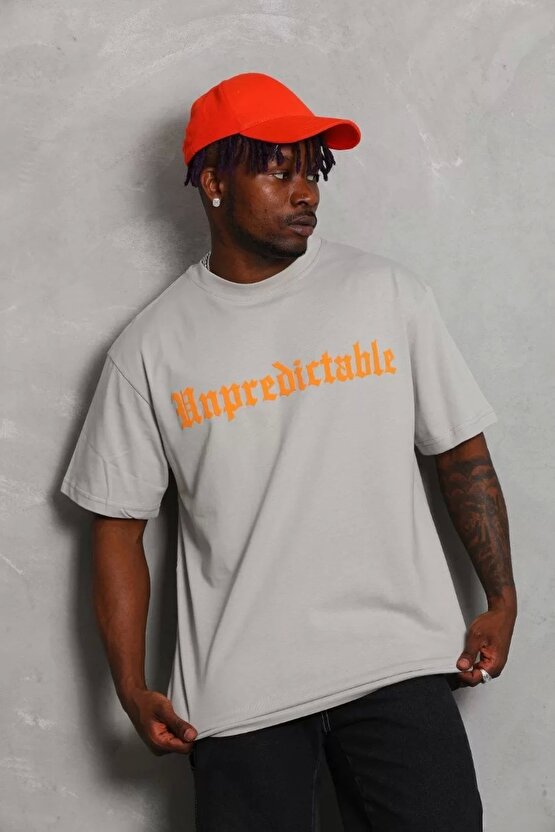 Unisex Oversize Baskılı Bisiklet Yaka T-Shirt - Gri