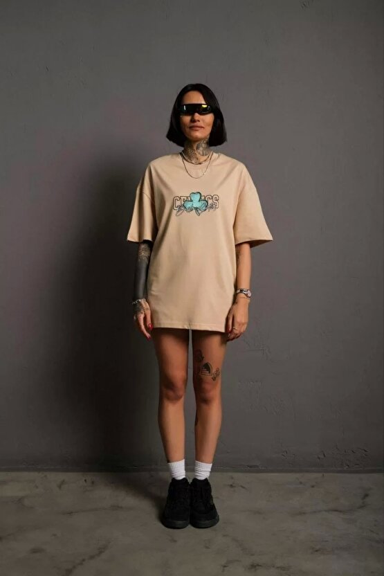 Kadın Sırt Baskılı T-shirt - Bej