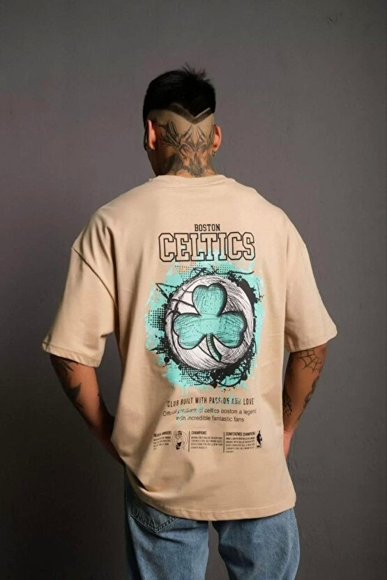 Erkek Sırt Baskılı T-shirt - Bej