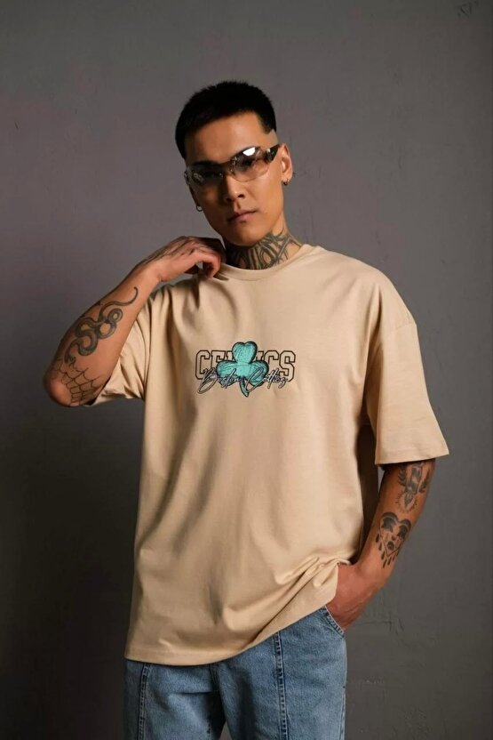 Erkek Sırt Baskılı T-shirt - Bej