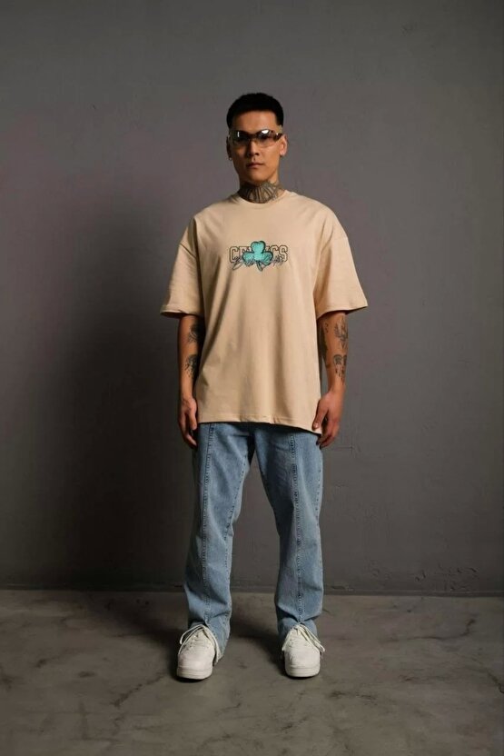 Erkek Sırt Baskılı T-shirt - Bej