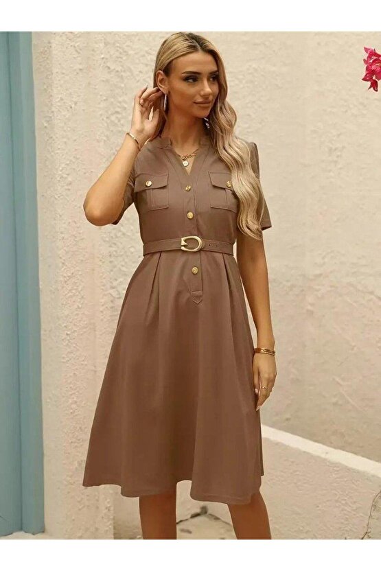 Kadın Kısa Kollu Düğmeli Ve Kemerli Atlas Elbise