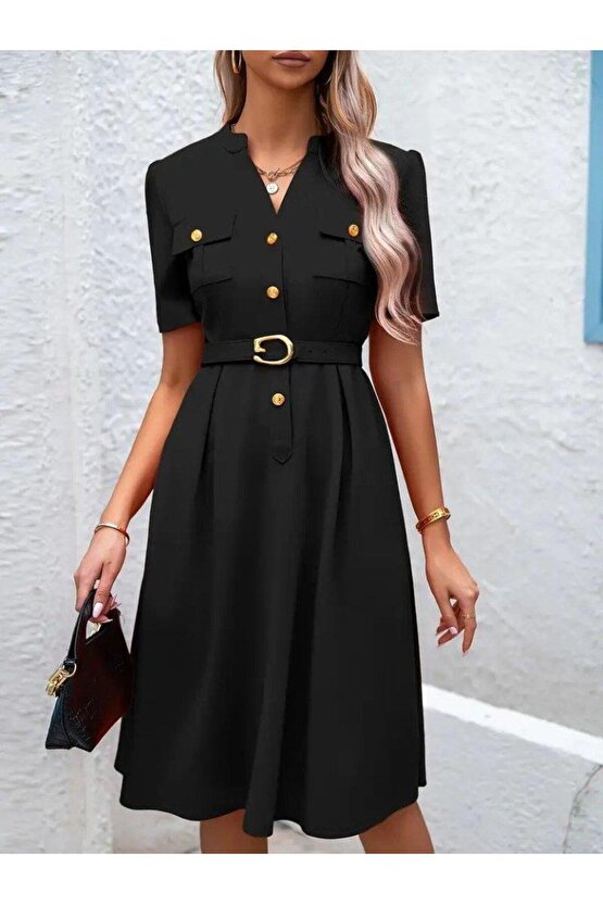 Kadın Kısa Kollu Düğmeli Ve Kemerli Atlas Elbise