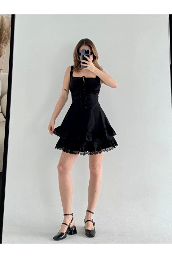 Mini Askılı Elbise - Siyah