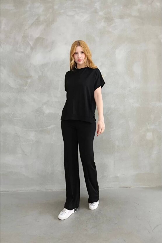 Osy Modal Yumuşak dokulu Kumaş Bisiklet Yaka Kısa Kollu Takım - Siyah