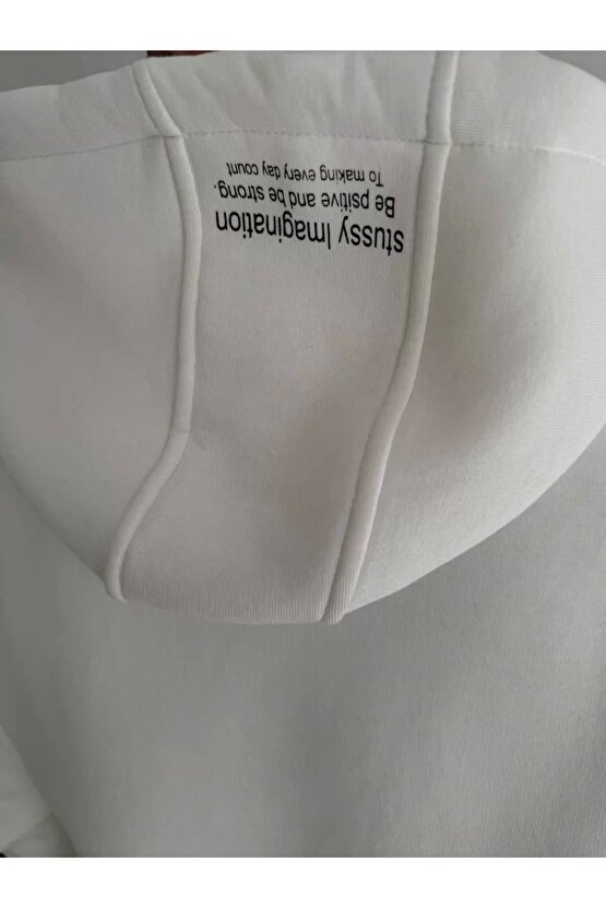 Üç İplik Kapşonlu Baskılı SweatShirt - Beyaz