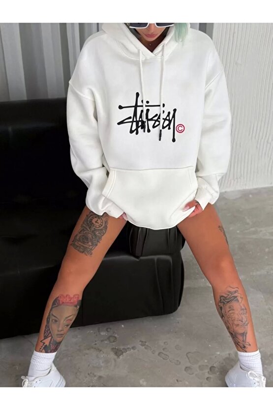 Üç İplik Kapşonlu Baskılı SweatShirt - Beyaz