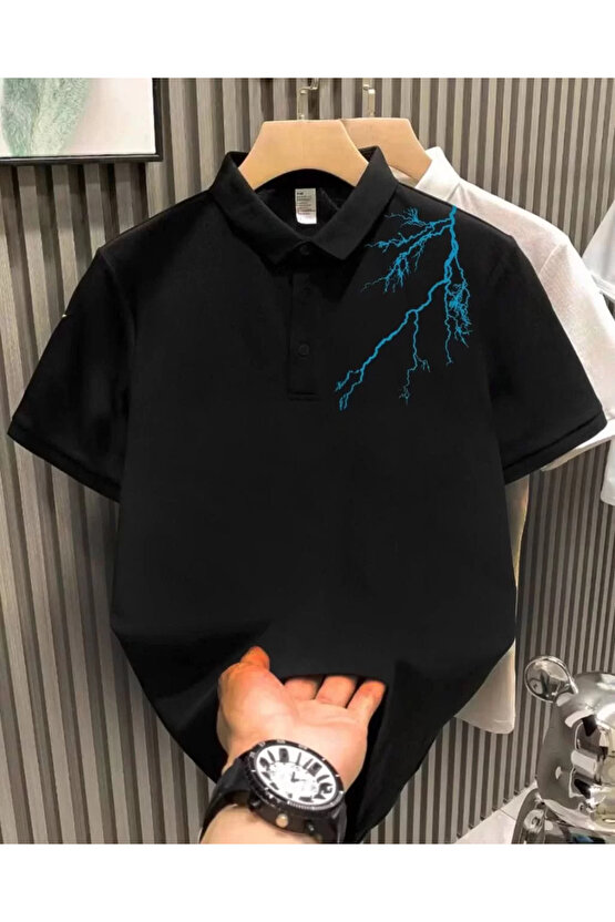 Unisex Yakası Düğmeli Oversize Baskılı T-Shirt - Siyah