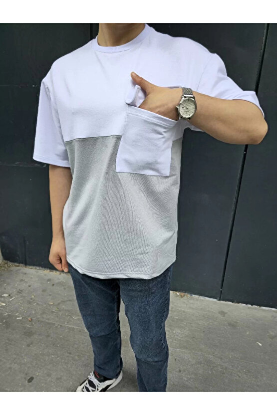 Unisex Torba Cep Detaylı Parçalı T-Shirt - Gri