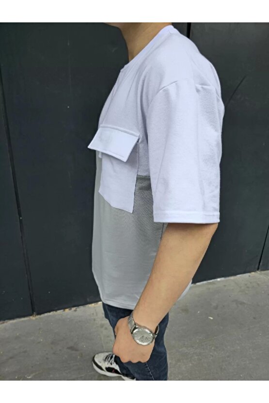 Unisex Torba Cep Detaylı Parçalı T-Shirt - Gri