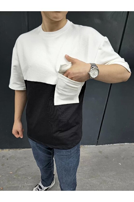 Unisex Torba Cep Detaylı Parçalı T-Shirt - Siyah