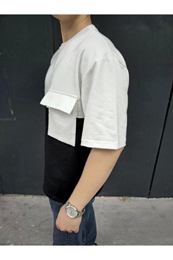 Unisex Torba Cep Detaylı Parçalı T-Shirt - Siyah