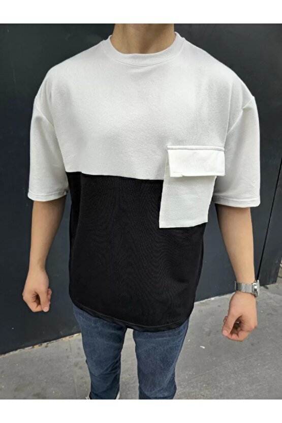 Unisex Torba Cep Detaylı Parçalı T-Shirt - Siyah