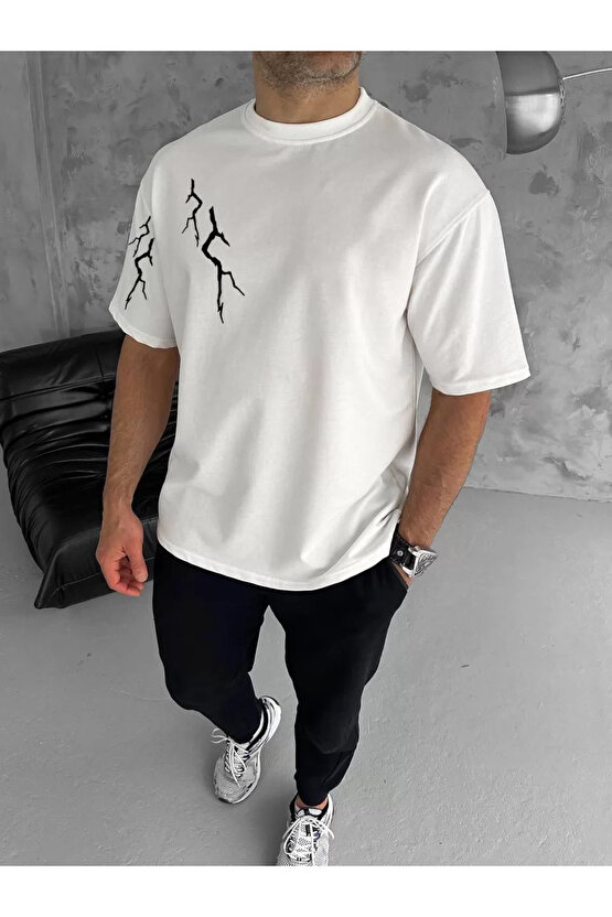 Unisex Bisiklet Yaka Baskılı Oversize T-Shirt - Beyaz