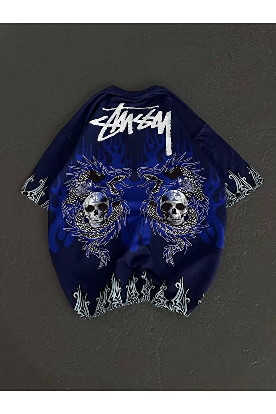 Unisex Bisiklet Yaka Baskılı Oversize T-Shirt - Lacivert